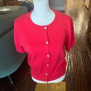 Lands' End Women's Red Button-Up Short Sleeve Sweater, Size S, EUC